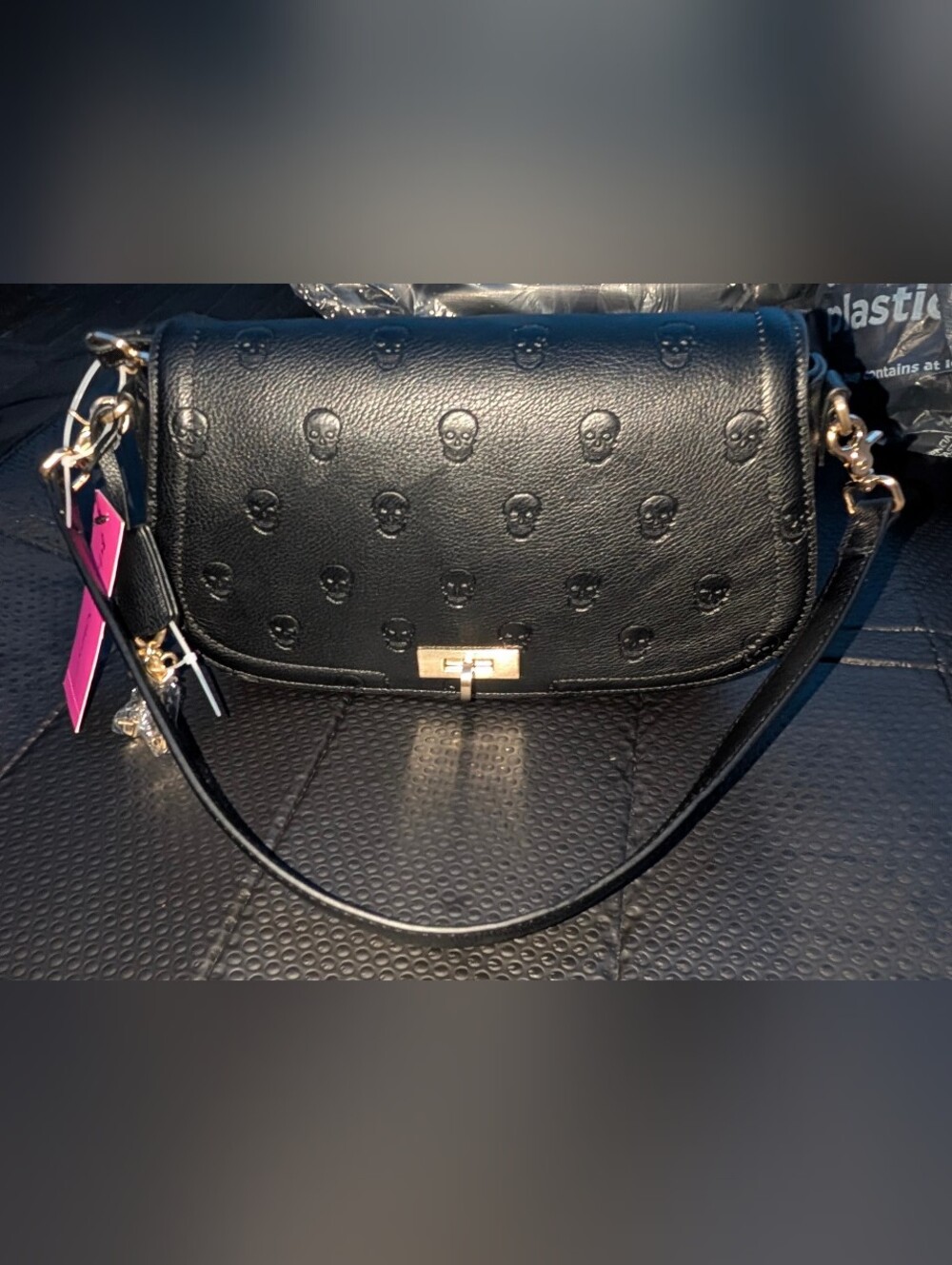 NWT Betsey Johnson Skullicious Black Skull Embossed Crossbody Flap Bag Goth Punk